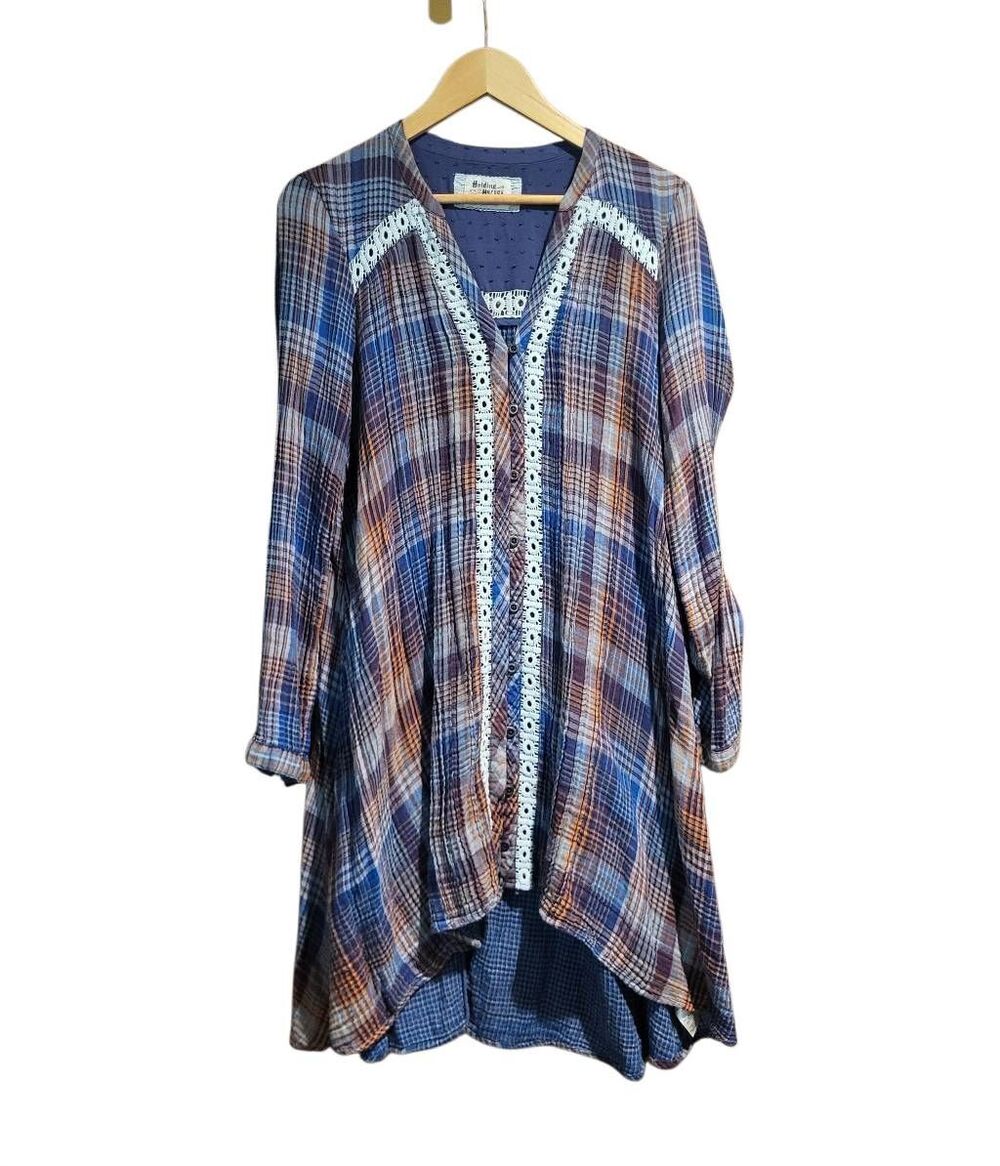Anthropologie Holding Horses Tunic Dress Women's Medium Blue Plaid Hi Lo Lace